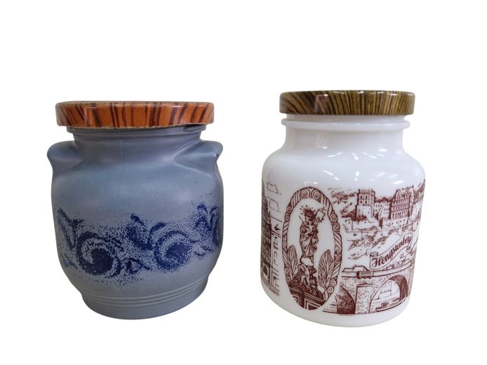 Vintage German Milk Glass Jar & Belgian Slag Mustard Pot Set