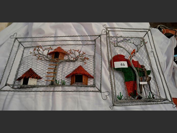 LOT OF 2:  WIRE & BEAD ARTWORKS, 58 x 39cm & 47 x 31cm