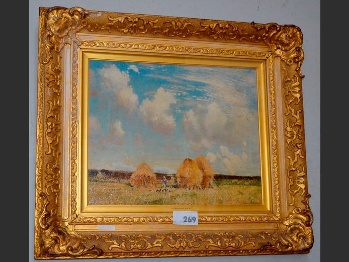 GILT FRAMED OIL ON CANVAS "AFRICAN HUTS" SIGNED H. STANTON, 49 x 39cm