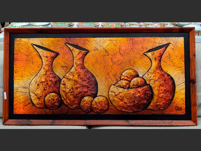 FRAMED OIL ON BOARD "VASES", 113 x 51cm