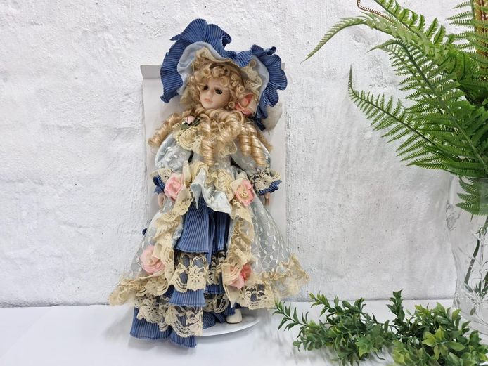 Vintage Victorian Style Porcelain Doll in Blue Lace Dress & Bonnet