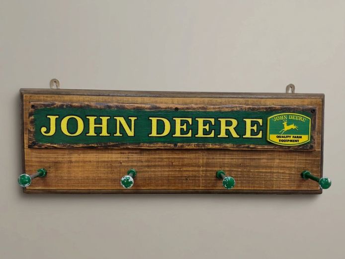 John Deere Branded Wooden Wall-Mounted Coat and Hat Rack