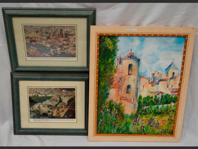 FRAMED OIL ON BOARD "CHURCH" & PAIR FRAMED PRINTS OF WESTMINSTER