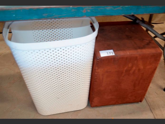 BROWN UPHOLSTERED OTTOMAN & A LAUNDRY BASKET, 37 x 37 x 45cm