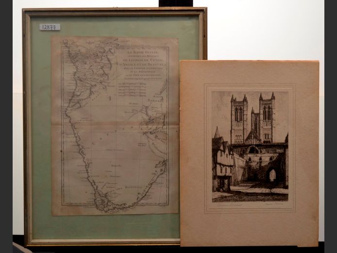 FRAMED VINTAGE MAP PRINT OF THE CONGO, 28 x 39cm, & A LITHOGRAPH "LINCOLN CATHEDRAL" BY OSWALD FLETCHER, 17 x 26cm