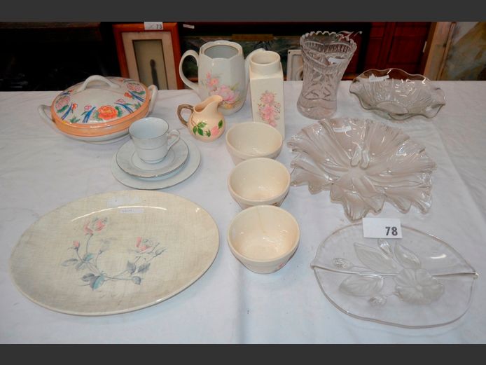 EMBOSSED GLASS BOWLS, CRYSTAL VASE [Chip to lip], SERVING DISH WITH LID [Lid repaired], BOWLS, TEAPOT [No lid], etc