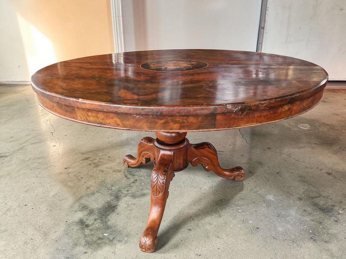 Antique Walnut Burl Pedestal Dining Table with Floral Marquetry