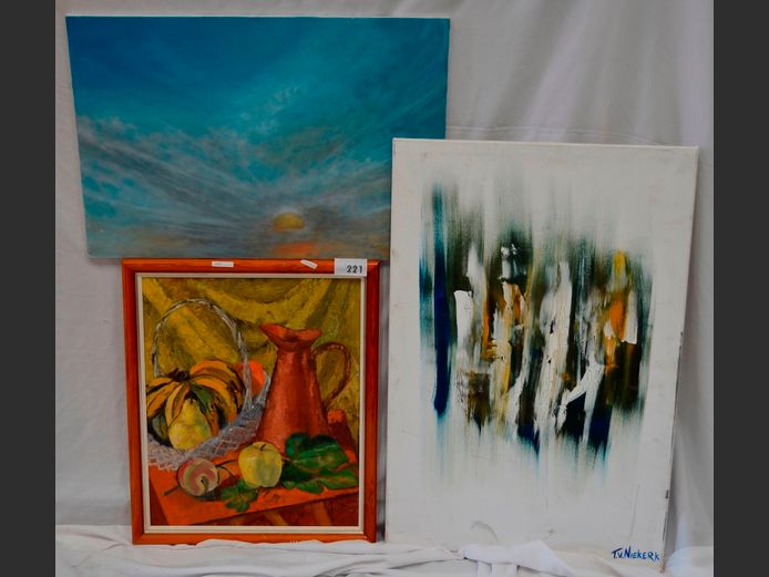 UNFRAMED ABSTRACT OILS ON CANVAS & FRAMED OIL ON BOARD "FRUIT"