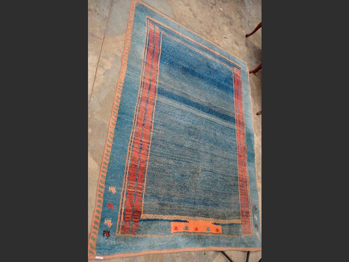 BLUE, BURGUNDY & BROWN GABBEH CARPET, 218 x 163cm [Some wear]