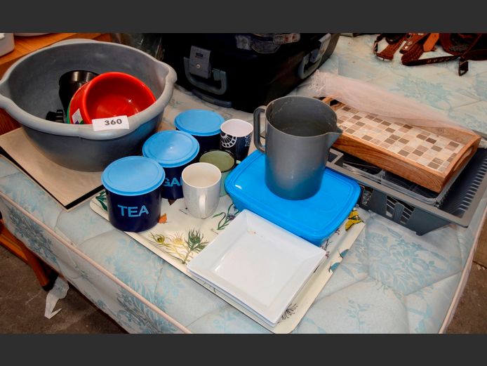 WOODEN TRAY, PLASTIC CONTAINERS, PLASTIC BASIN, etc
