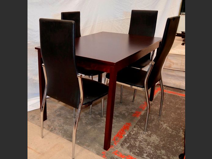 DARKWOOD 4-SEATER DINING TABLE WITH 4 LEATHER TOUCH & CHROME CHAIRS, 120 x 75 x 74cm [Some scratches]