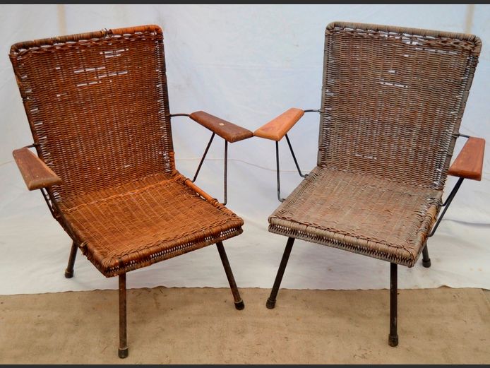 PAIR VINTAGE WICKER & METAL CHAIRS [Wicker damaged in places]