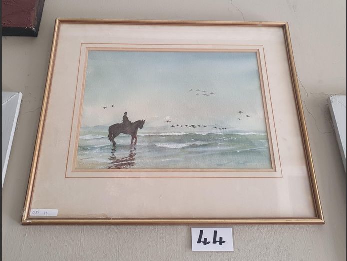 GILT FRAMED WATERCOLOUR "HORSE RIDING ON THE BEACH", 36 x 26cm