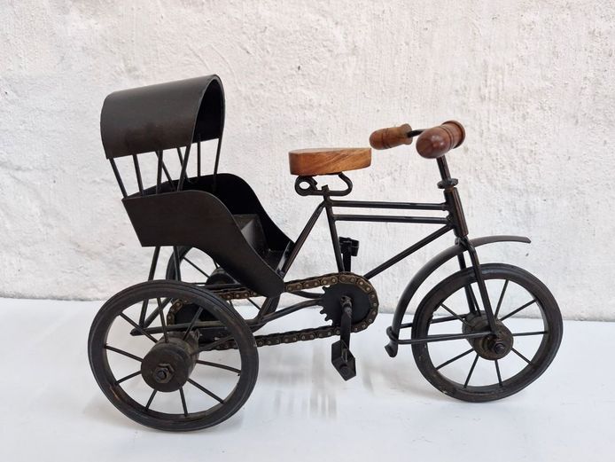 Vintage Miniature Wrought Iron and Wood Bicycle Rickshaw Model