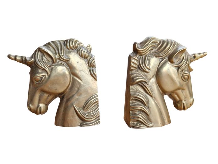 Vintage Cast Brass Unicorn Bookends Pair