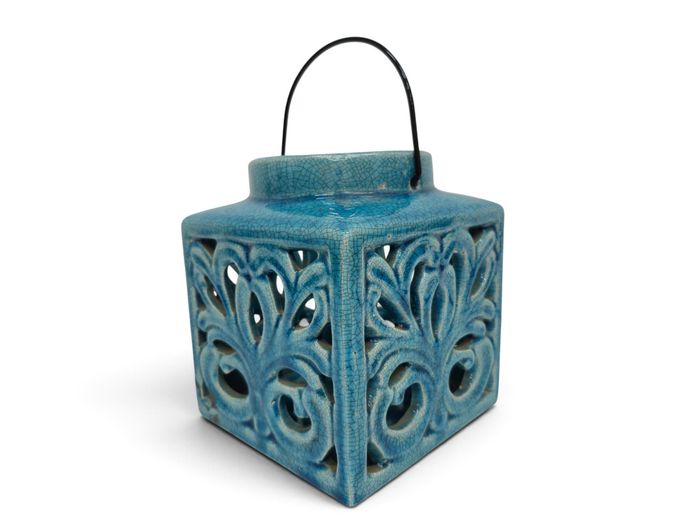 Turquoise Crackle-Glaze Reticulated Ceramic Lantern