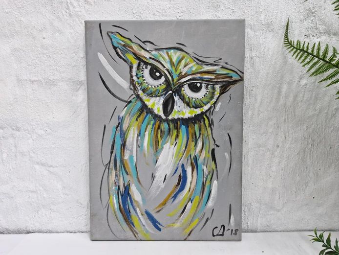 Original Signed Owl Acrylic Canvas Painting