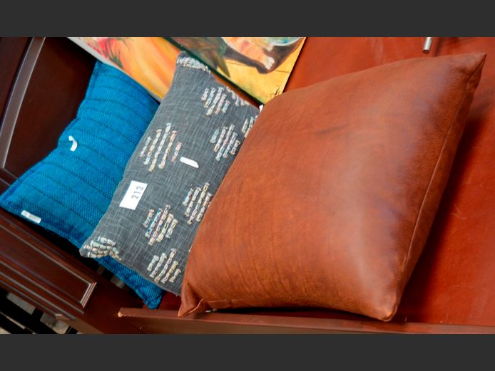 LOT OF 3 SCATTER CUSHIONS: GREY, BLUE & FAUX LEATHER