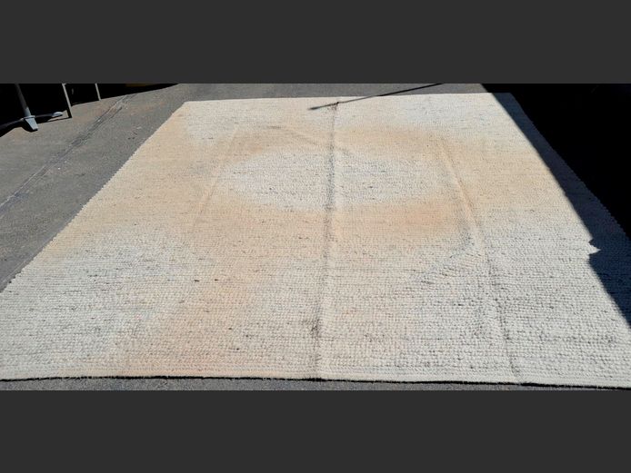 MARINO WOOL HAND WOVEN LIGHT GREY CARPET, 370 x 350cm [Needs a clean, stained]