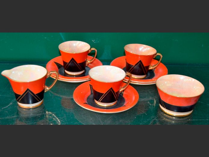 CROWN DEVON BLACK, ORANGE & GOLD 10-PIECE PART TEA SET