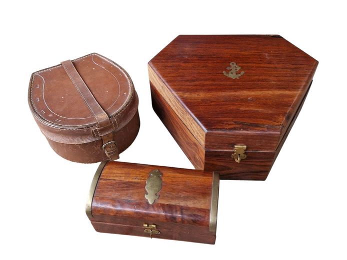 Antique Leather Collar Box & Vintage Wooden Boxes with Brass