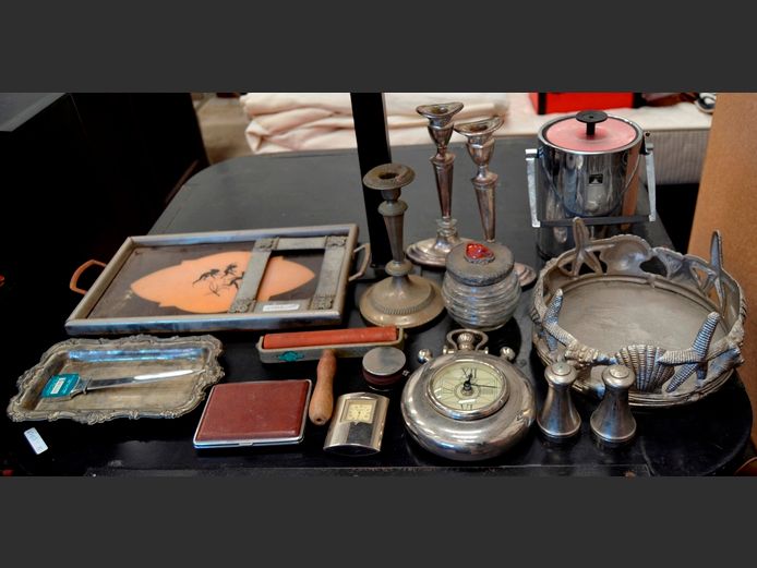 SILVER PLATE TRAY, ICE BUCKET, WALL CLOCK, PAIR CANDLESTICKS, etc