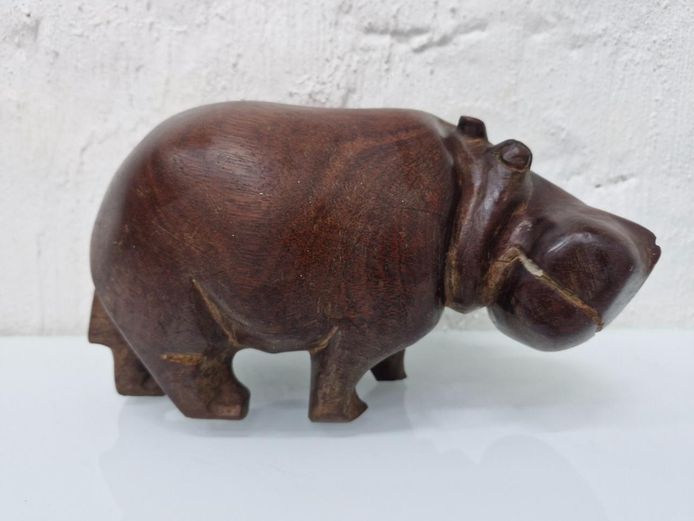 African Hand-Carved Wooden Hippo Figurine - Solid Wood Sculpture