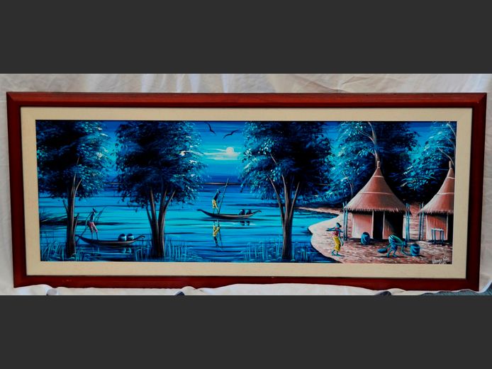 FRAMED OIL ON BOARD "AFRICAN VILLAGE" SIGNED KITENZE VUKE, 125 x 44cm