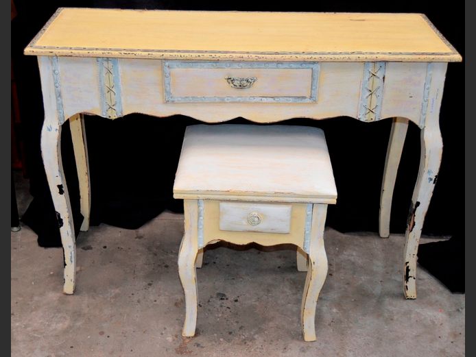 PAINT TECHNIQUE SINGLE DRAWER LADIES WRITING DESK & A SINGLE DRAWER STOOL, 108 x 38 x 78cm & 40 x 38 x 50cm