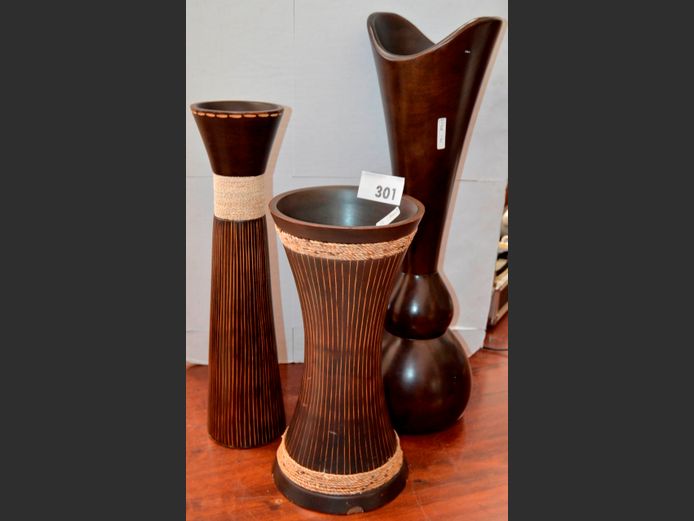 LOT OF 3 BROWN WOODEN VASES, 63cm, 51cm & 40cm High [Chip to base of 1 vase]