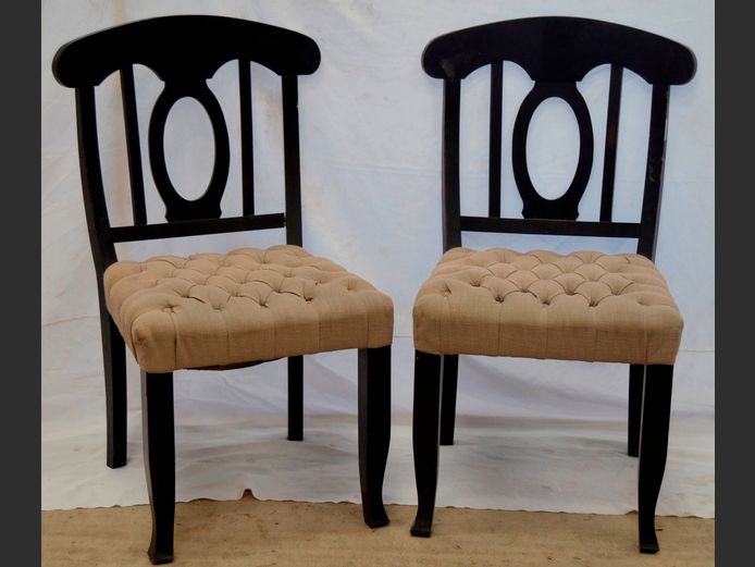 PAIR BLACK DINING CHAIRS WITH BEIGE UPHOLSTERED BUTTONED SEATS