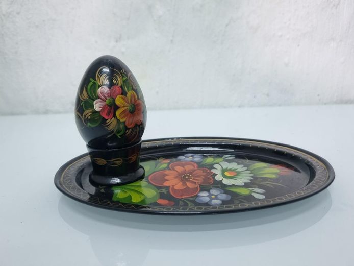 Hand-Painted Folk Art Wooden Egg Ornament with Small Matching Tray