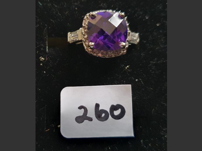SILVER DRESS RING WITH DARK PURPLE & CLEAR STONES