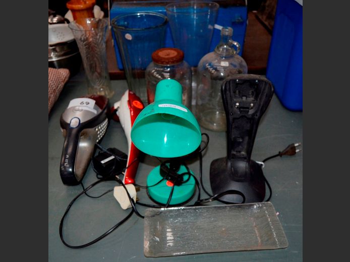 GLASS VASES, DESK LAMP, AEG HAND VAC, etc [Switches on]