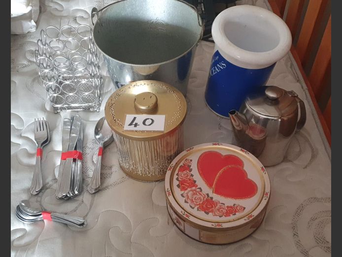 LOT: GALVANIZED ICE BUCKET, COLLECTABLE TINS, CUTLERY, etc