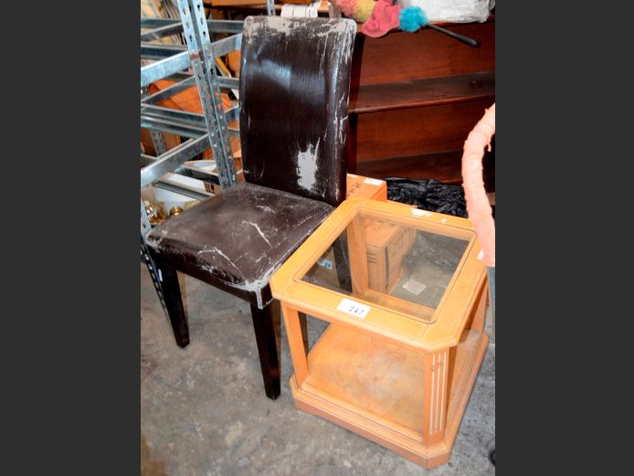 BEECHWOOD SIDE TABLE WITH BOTTOM SHELF, 49 x 49 x 46cm [Glass needed] & A BROWN LEATHER DINING CHAIR [Peeling]
