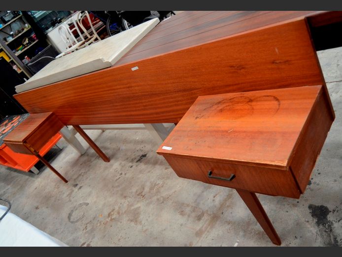 SAPELE MAHOGANY DOUBLE HEADBOARD WITH PAIR PEDESTALS [Needs some TLC]