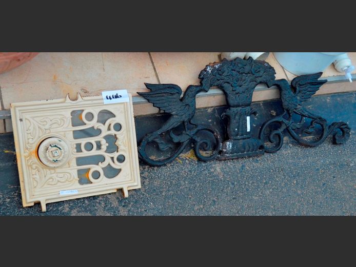 CAST IRON RAVEN CASTING & A FIREPLACE DOOR