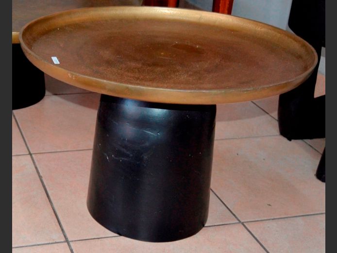GILT PAINTED ALUMINIUM TOP SIDE TABLE ON BLACK METAL BASE, 66cm Diameter x 44cm High