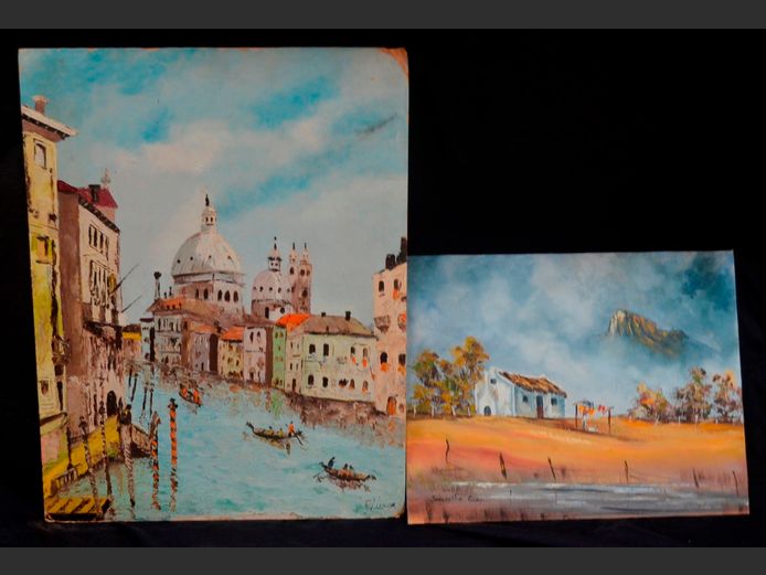 LOT OF 2 UNFRAMED OILS ON BOARD: FARM HOUSE SIGNED SAMANTHA GRAY, & VENICE SIGNED C. FISHER, 45 x 35cm & 62 x 47cm