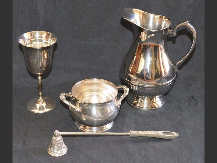 SILVER PLATE: PITCHER, GOBLET, CANDLE SNUFFER & BOWL