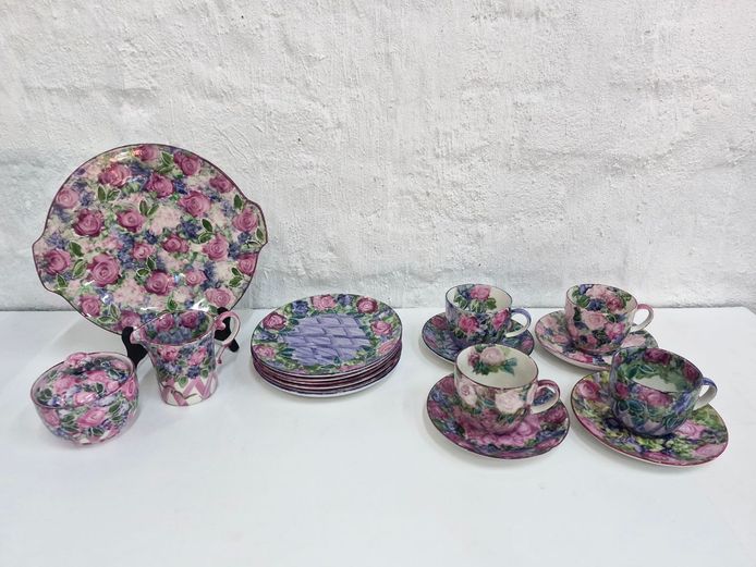 Vibrant Country Style Floral Ceramic Tea Service Set with Cake Platter