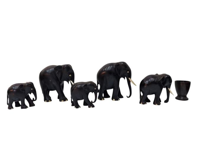 Collection of Hand-Carved Vintage Solid Wood Elephant Figurines