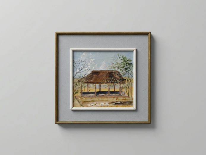 South African School Framed Thatched Lapa Landscape Oil Painting