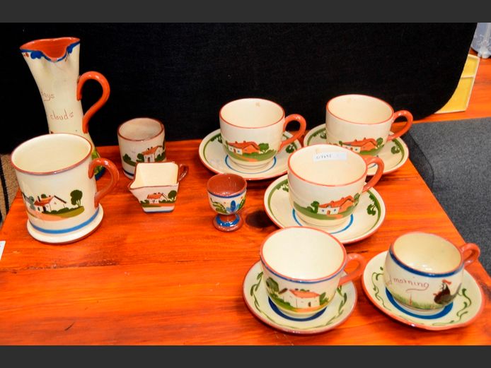 STONEWARE JUG, CUPS & SAUCERS, CREAMER, etc [1 Saucer chipped] [15-Pieces]