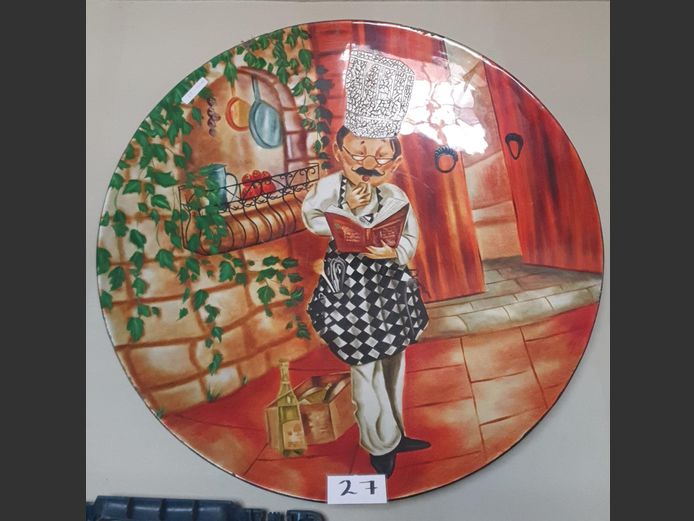 GLASS FIBRE HAND-PAINTED DECORATIVE WALL PLATE "THE CHEF", 67cm Diameter 