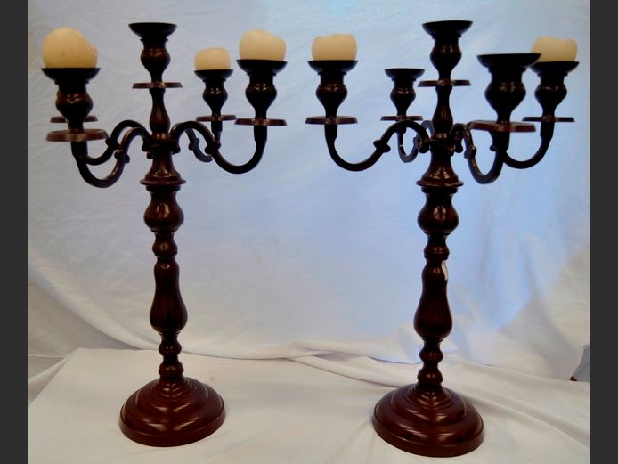 PAIR BROWN PAINTED METAL 4-ARM CANDELABRA, 80cm High
