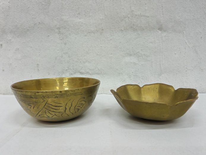 Vintage Solid Heavy Brass Bowls - Engraved & Scalloped Rim