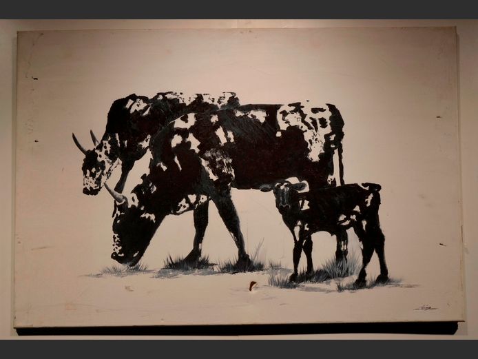 UNFRAMED OIL ON CANVAS "GRAZING COWS", 91.5 x 60.7cm [Tears to canvas]