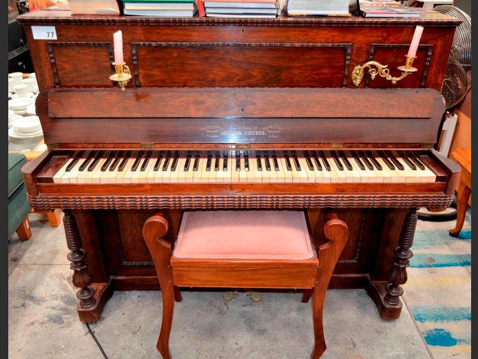 AUCHER FRERE PIANO WITH BRASS CANDELABRA & STOOL, 135 x 56 x 115cm & 62 x 33 x 63.5cm